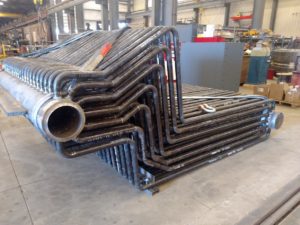 A newly fabricated boiler tube assembly in the workshop of Helfrich Brothers Boiler Works.