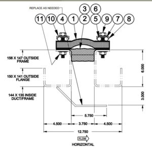 Technical drawing of a duct/frame assembly with detailed measurements and labeled components for installation and maintenance.